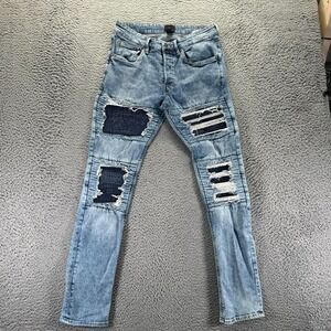 H&M Jeans Men 32x31 Blue Cotton Denim Skinny Distressed Faded Button-Fly Stretch